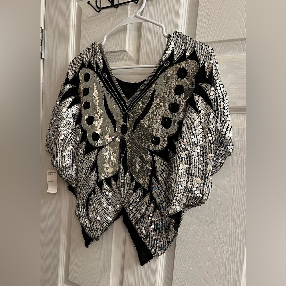 VINTAGE~SILK SEQUIN BUTTERFLY BLOUSE~26X24~ NWT - Picture 5 of 10